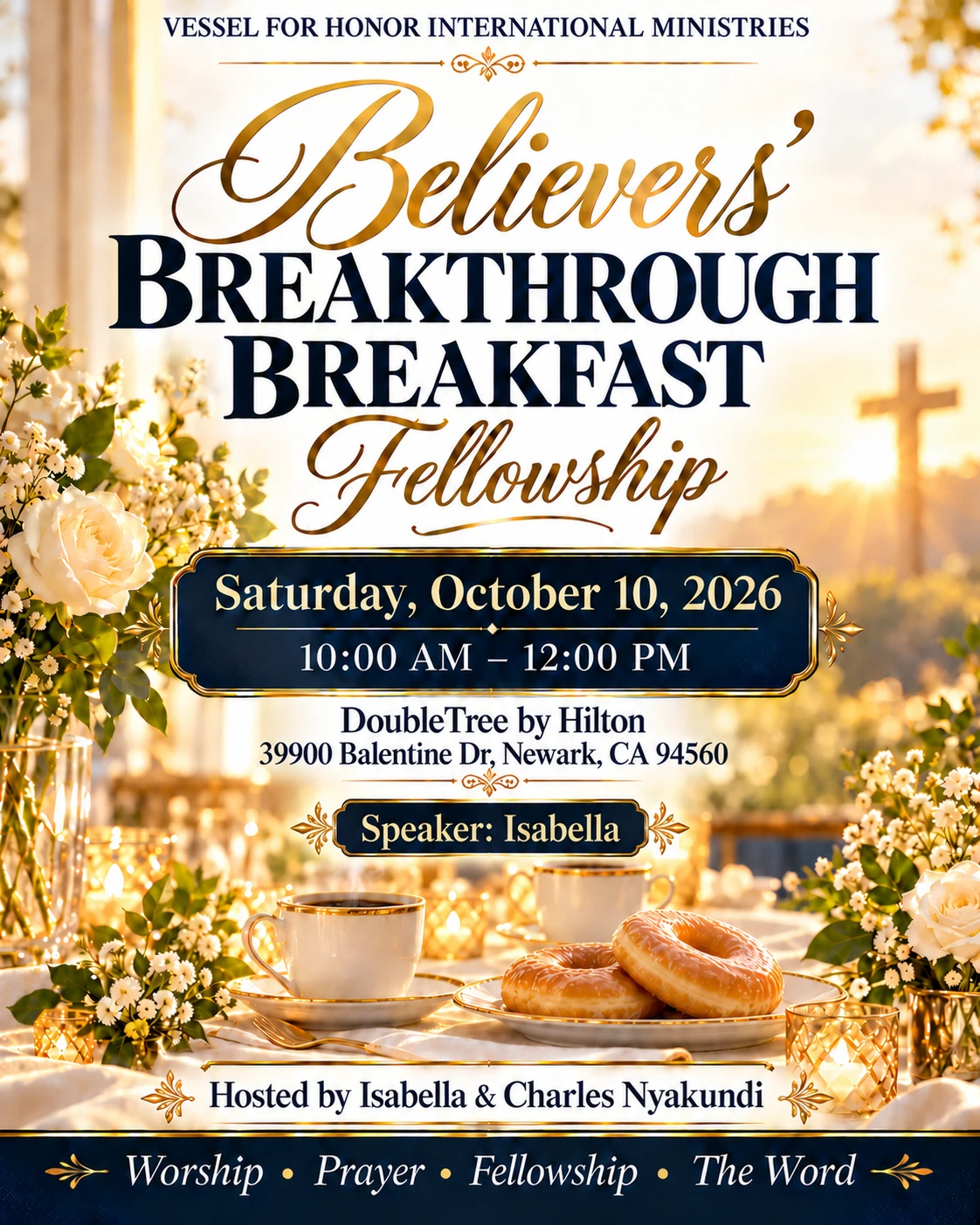 Believers' Breakthrough Breakfast Fellowship — Saturday, October 10, 2026, 10:00 AM to 12:00 PM, DoubleTree by Hilton, 39900 Balentine Dr, Newark, CA 94560 — Speaker: Isabella — Hosted by Isabella & Charles Nyakundi