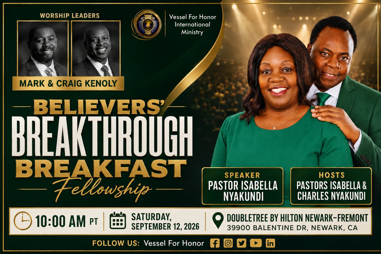 Believers Break-Through Breakfast Fellowship — Saturday September 12, 10AM, Doubletree by Hilton Newark-Fremont — Hosts Pastor Isabella & Charles Nyakundi